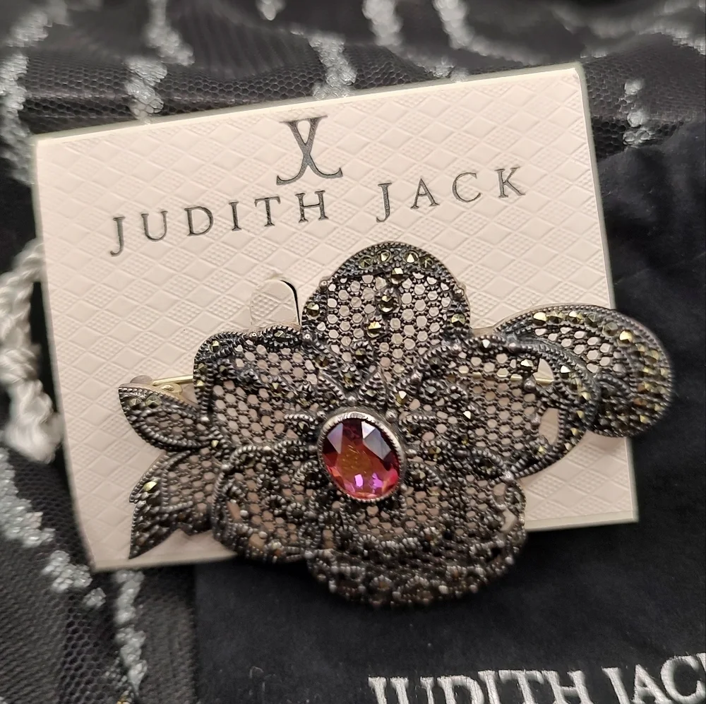 Judith Jack Marcasite Pink Gem Sterling Silver Brooch Pin!